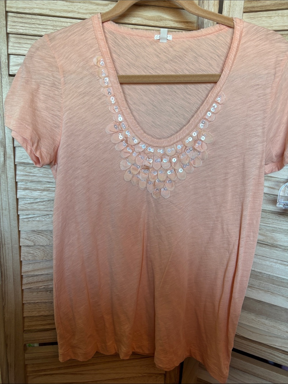 J. Crew Peach Short Sleeve Tee with Embellished and Raw Neckline Medium